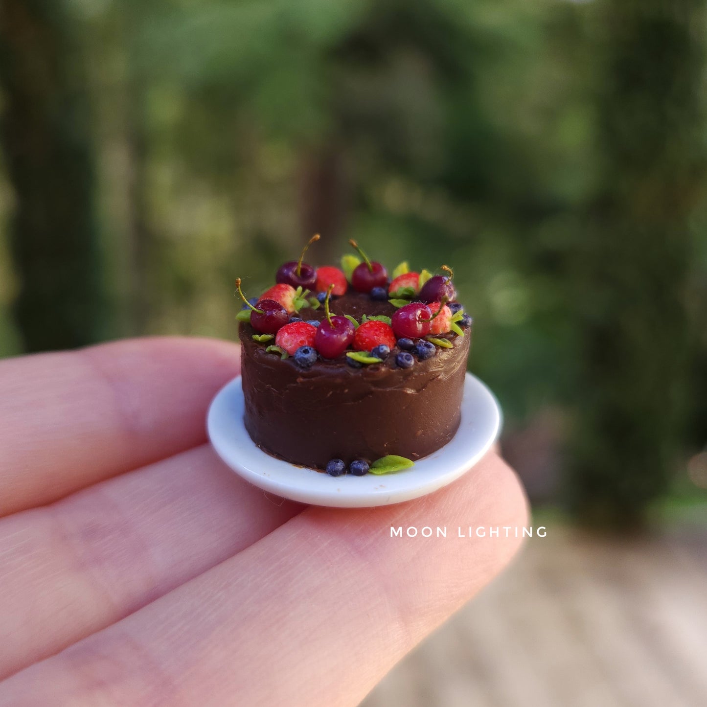 Chocolate cake with berries on white plate